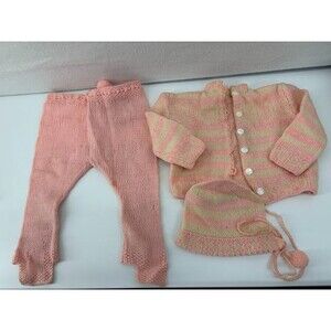 Vtg Hand Knit Baby Clothing, Pink Bonnet, Sweater, Pants Pink and White 1950's